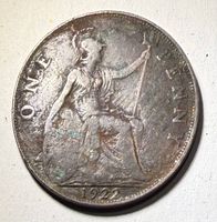 Reverse with seated Britannia, ONE PENNY legend and 1922 date