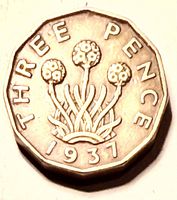 Reverse showing Thrift plant, THREE PENCE legend and 1937 date