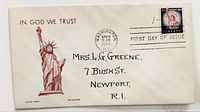 Front of first day cover showing cachet, stamp, postmark and address