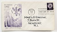 Front of envelope showing cachet, stamp, cancel and address