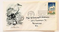Front of envelope showing Artmaster whooping crane cachet, 3-cent stamp, New Orleans Nov 22 1957 cancellation, typed address