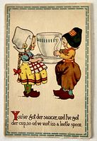 Front of postcard showing Dutch children and caption