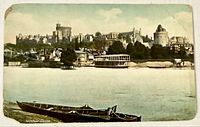 Front of postcard showing Windsor Castle river scene