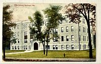 Front of colour postcard showing High School, Carthage, Mo.