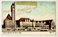 Front of colour postcard depicting Union Station St. Louis Missouri
