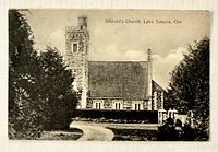 Front view of postcard depicting Sibbald’s Church, Lake Simcoe, Ontario