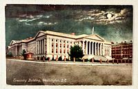 Front view of postcard showing Treasury Building night scene