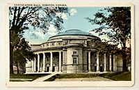 Front view showing colour image of Convocation Hall
