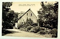 Front of postcard showing Gerry House and landscaping