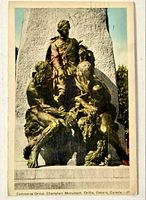 front of postcard showing Commerce Group sculpture at Champlain Monument