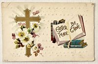 Front of postcard showing cross, white blossoms, books and the text "Easter Peace Be Thine"