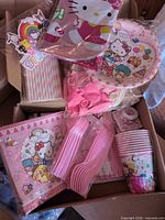Box containing sealed packs of plates, cups, napkins, straws, balloons, cutlery and banner