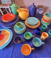 overview of multicolour Fiesta dinnerware set on table