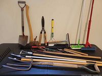 Overall view of long-handle tools and cleaning items on table