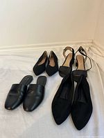 All four pairs of black women’s shoes laid out on cloth backdrop