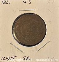 Obverse view of 1861 Nova Scotia 1 cent coin in holder