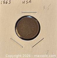 Obverse view of 1863 Indian Head cent in holder