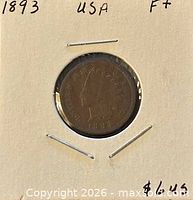 Obverse of 1893 Indian Head Cent in cardboard 2x2 holder