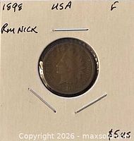 Front of 2×2 holder with obverse of 1898 Indian Head cent visible and handwritten notes