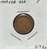 Obverse of 1909 VDB Lincoln cent in cardboard flip