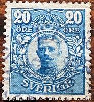 Front of Swedish 20 öre stamp showing King Gustaf V portrait and cancellation marks