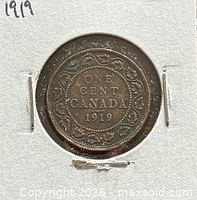 Reverse of 1919 Canadian large cent in cardboard flip