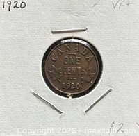 Reverse of 1920 Canadian one cent showing CANADA ONE CENT 1920 and maple leaves