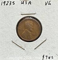 obverse of 1923-S Lincoln cent in holder with written details