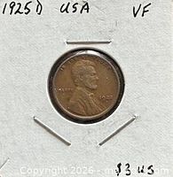Obverse view of 1925-D Lincoln cent in holder