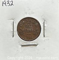 Reverse of 1932 Canadian one cent in 2x2 holder showing CANADA ONE CENT 1932.