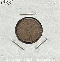 Reverse view of 1935 Canadian one cent coin in holder