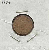Reverse of 1936 Canadian one cent coin in cardboard flip