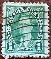 Front view of 1937 Canada 1-cent King George VI stamp with cancellation