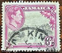 Front of Jamaica 6d King George VI Priestman's River stamp with cancel