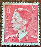 Front view of red 2F King Baudouin I stamp with cancellation