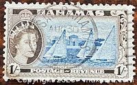 Front of 1954 Bahamas 1-shilling stamp showing design, cancellation and perforations