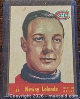 Front view of Parkhurst #55 Newsy Lalonde card in sleeve