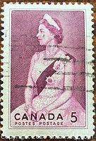 Front of 5¢ Queen Elizabeth II stamp showing portrait, denomination and cancellation