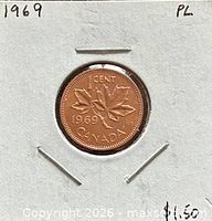Obverse view of 1969 Canada 1 cent coin in flip