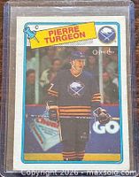 Front of Pierre Turgeon rookie card in sleeve