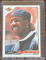 Front view of 1996 Score Barry Bonds baseball card in sleeve.