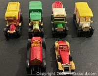 Six die-cast vehicles arranged front view