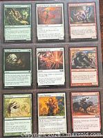 Front view of nine assorted Magic cards in binder sleeve