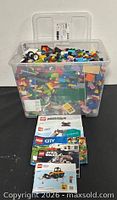 overview of clear tote filled with assorted LEGO bricks and manuals in front