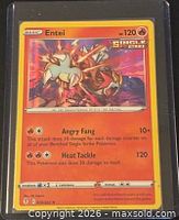 Front of Entei 019/203 card in sleeve showing attacks, HP, Single Strike logo