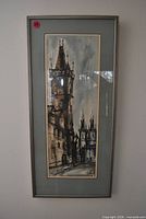 Full view of framed vertical watercolor and ink cityscape