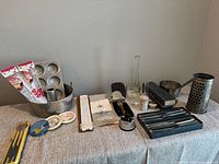 Overall view of all kitchenware and tools on tabletop