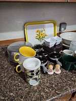 Group view of assorted kitchenware on countertop