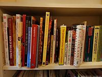 Shelf showing first group of assorted cookbooks