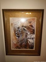 Front view of framed lion print showing artwork, matting and frame